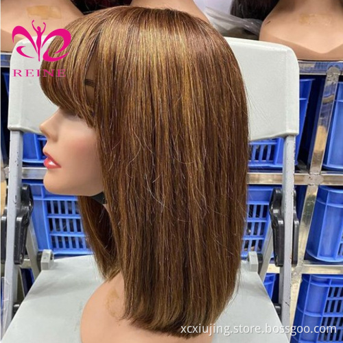 Brazilian Short Fringe Wig Human Hair Bob Wig With Bangs For Women Machine Made Straight Blonde  Bob Human Hair Wigs With Bang